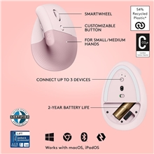 Logitech - Lift Ergo Mouse - Rose